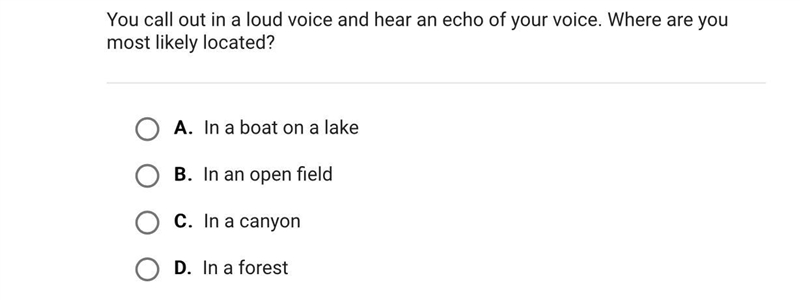 You call out in a loud voice and hear an echo of your voice. Where are you most likely-example-1