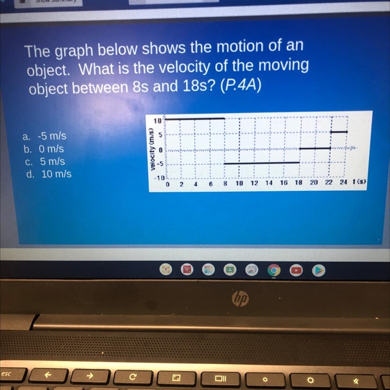 The graph below shows the motion of an object. What is the velocity of the moving-example-1