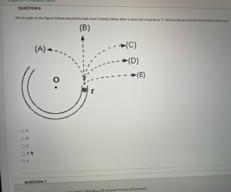 Which path in the figure below would the ball most closely follow after it exits the-example-1