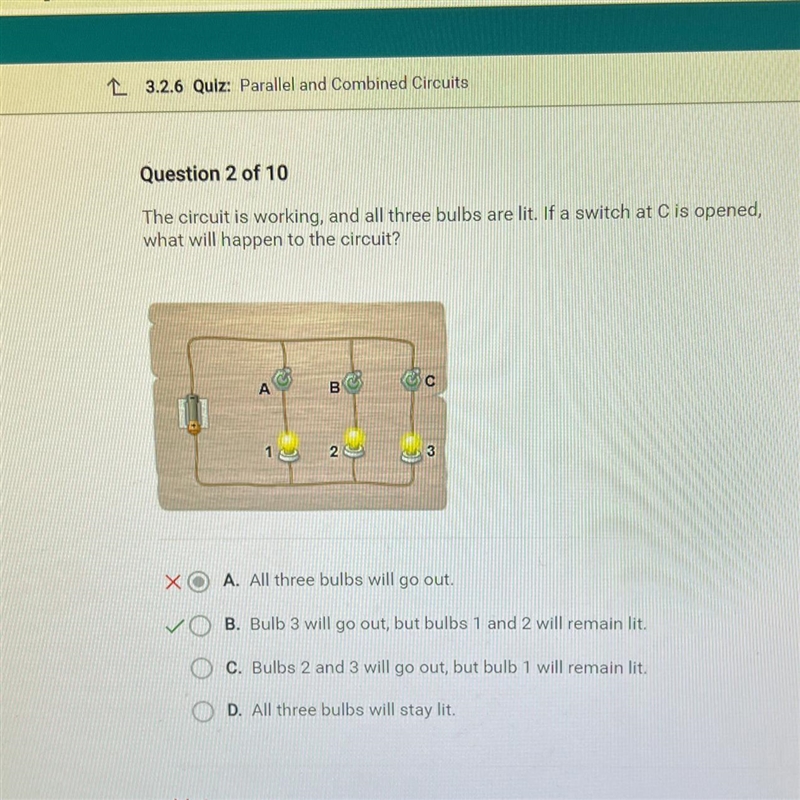 Question 2 of 10 The circuit is working, and all three bulbs are lit. If a switch-example-1