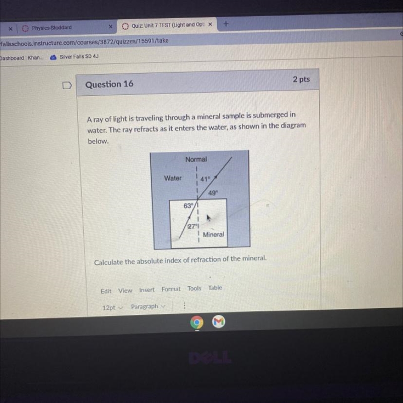 A ray of light is traveling through a mineral sample is submerged inwater. The ray-example-1