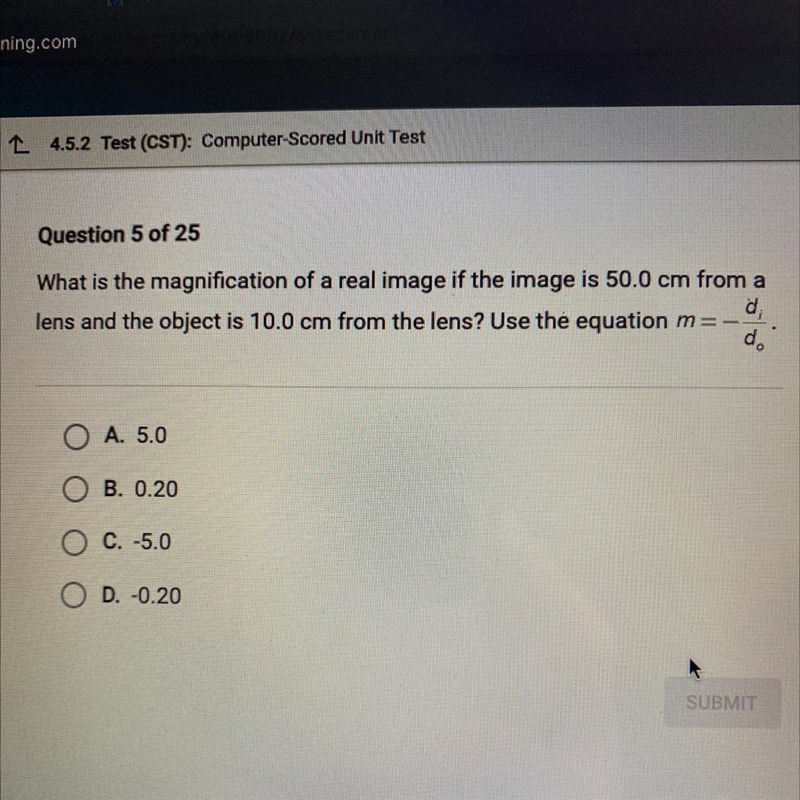 What is the magnification of a real image if the image is 50.0 cm from a lens and-example-1