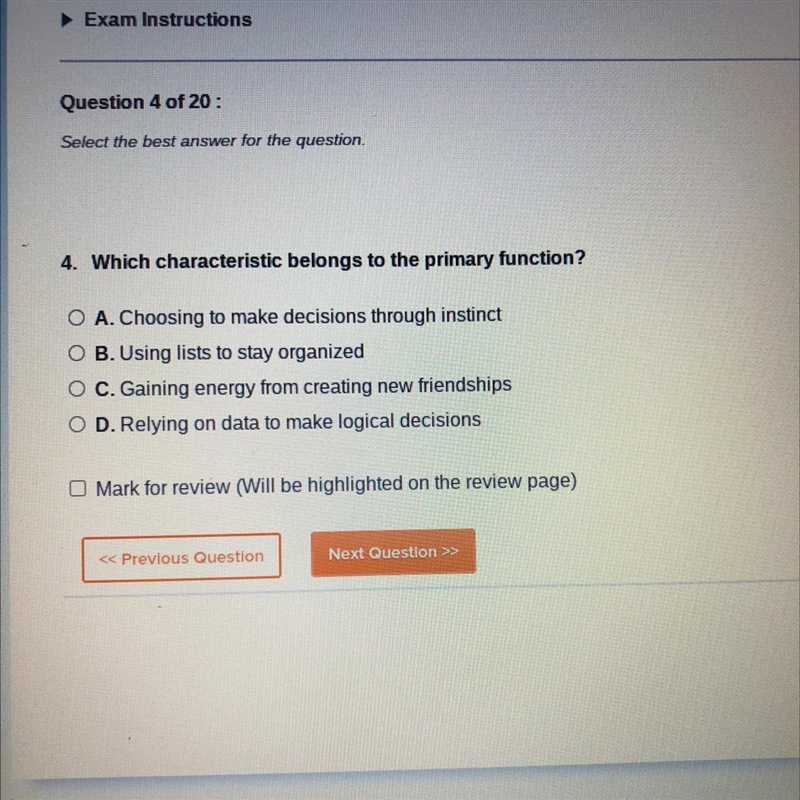 Which characteristic belongs to the primary function-example-1