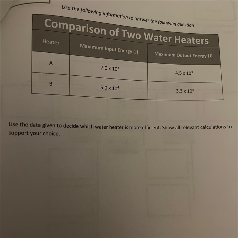 Use the data given to decide which water heater is more efficient. Show all relevant-example-1