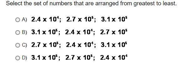 Select the set of numbers that are arranged from greatest to least.-example-1