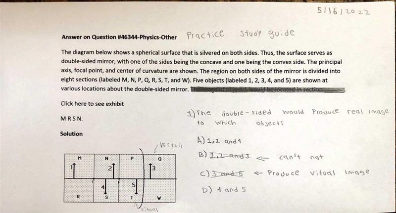 The double-sided mirror would produce virtual image to which objects? A)1,2 and 4 B-example-1