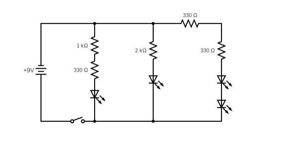 Take a look at this circuit and calculate the current that will run through each LED-example-1