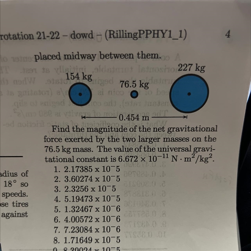 Objects with masses of 154 kg and 227 kgare separated by 0.454 m. A 76.5 kg mass is-example-1