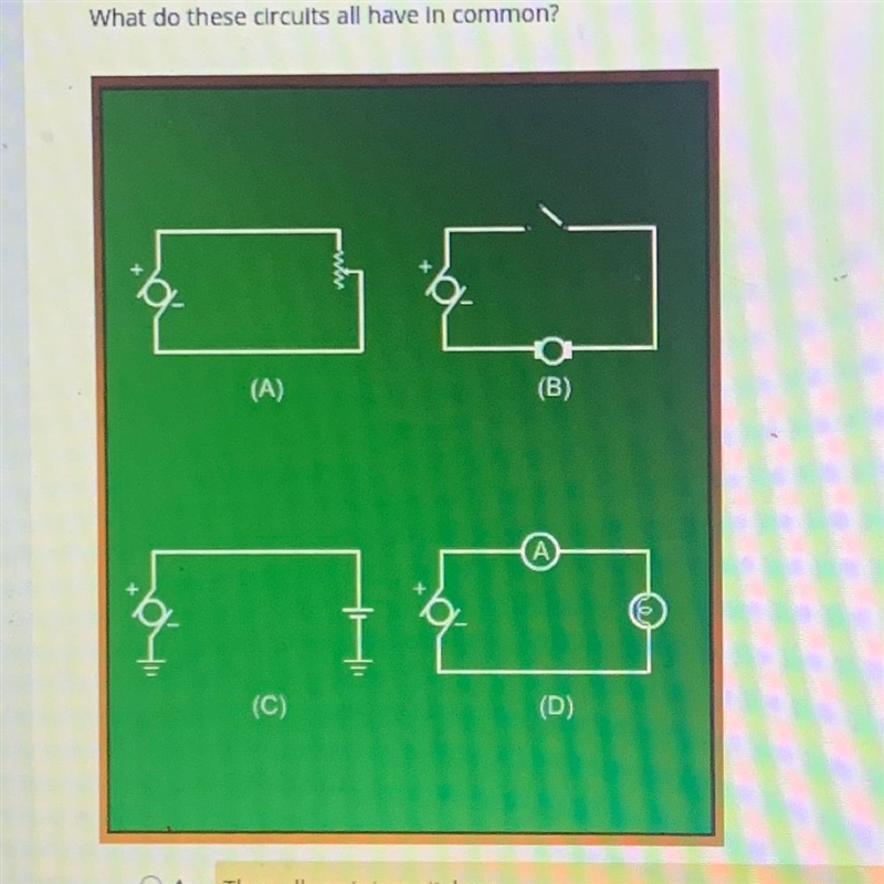 What do these circuits all have in common?(A)(B)(C)(D)A. They all contain switchesB-example-1