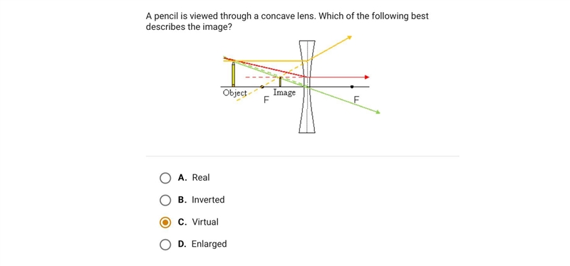 A pencil is viewed through a concave lens. Which of the following best describes the-example-1