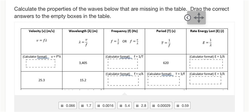 Calculate the properties of the waves below that are missing in the table. Drag the-example-1