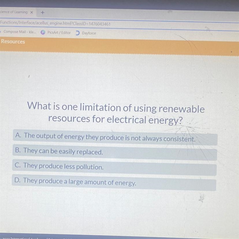 What is one limitation of using renewable resources for electrical energy? A. The-example-1