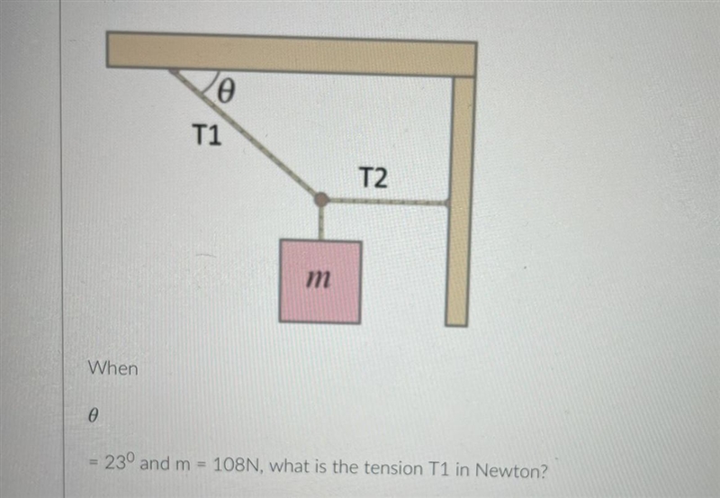 Ø = 23° and m = 108N. What is the tension T1 in Newton?-example-1