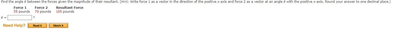 Find the angle between the forces given the magnitude of their resultant. (Hint: Write-example-1