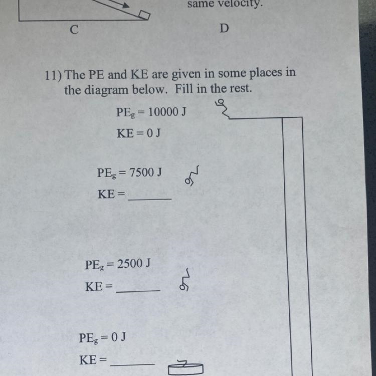 The PE and KE are given in some places in the diagram below. Fill in the rest.-example-1