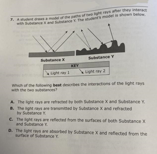 7. A student draws a model of the paths of two light rays after they interactwith-example-1