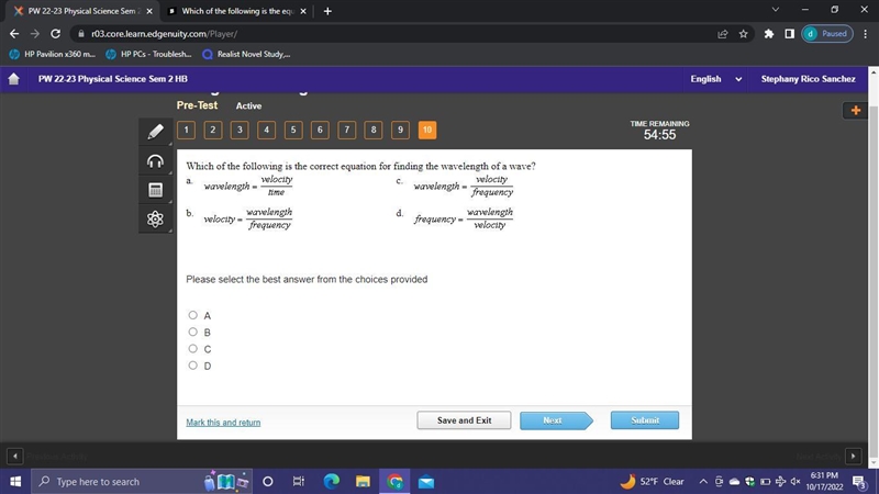 Which of the following is correct equation for finding the wavelengths of a wave? physics-example-1