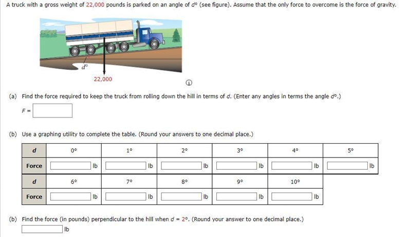 A truck with a gross weight of 22,000 pounds is parked on an angle of d° (see figure-example-1