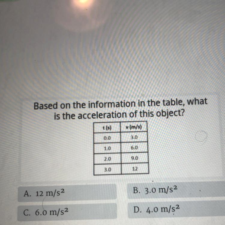 Based on the information in the table, whatis the acceleration of this object?t(s-example-1