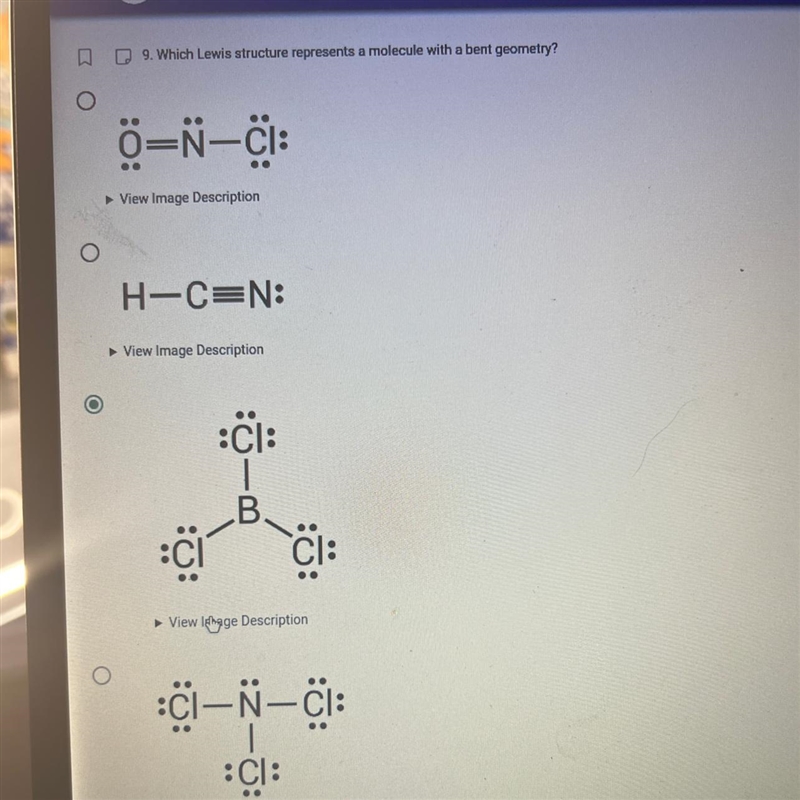 9. Which Lewis structure represents a molecule with a bent geometry?-example-1