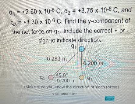 91 +2.60 x 10-6 C, q2 = +3.75 x 10-6 C, and=93+1.30 x 10-6 C. Find the y-component-example-1