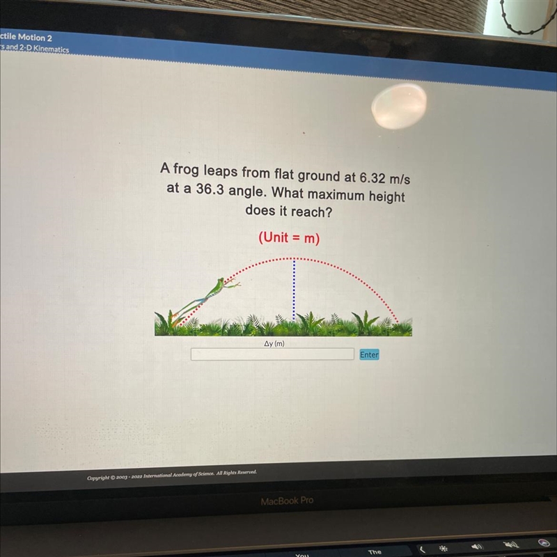 A frog leaps from flat ground at 6.32 m/s at a 36.3 angle. What maximum height does-example-1