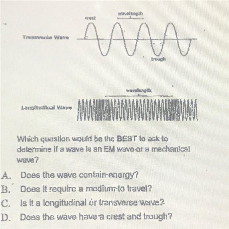 Which question would be the BEST to ask todetermine if a wave Is an EM wave or a mechanicalWave-example-1