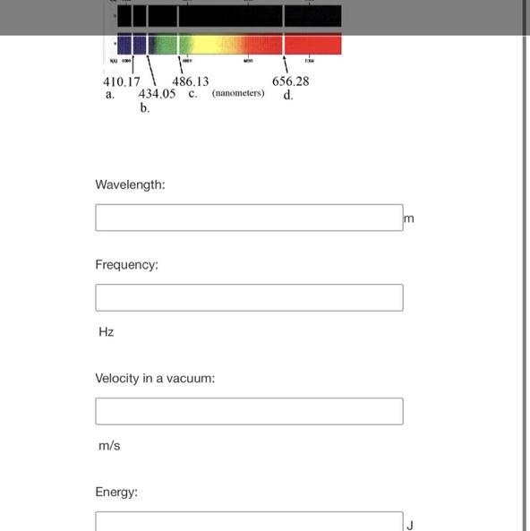 Looking at the spectral lines from the hydrogenspectrum of light, pictured below, and-example-1