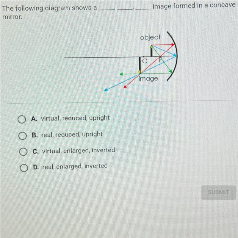 image formed in a concaveThe following diagram shows amirror.objectimageA. virtual-example-1