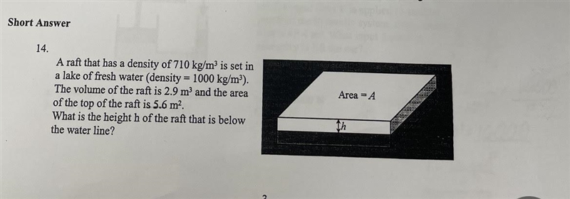 A raft that has a density of 710 kg/m^3 is set in a lake of fresh water (density = 1000 kg-example-1