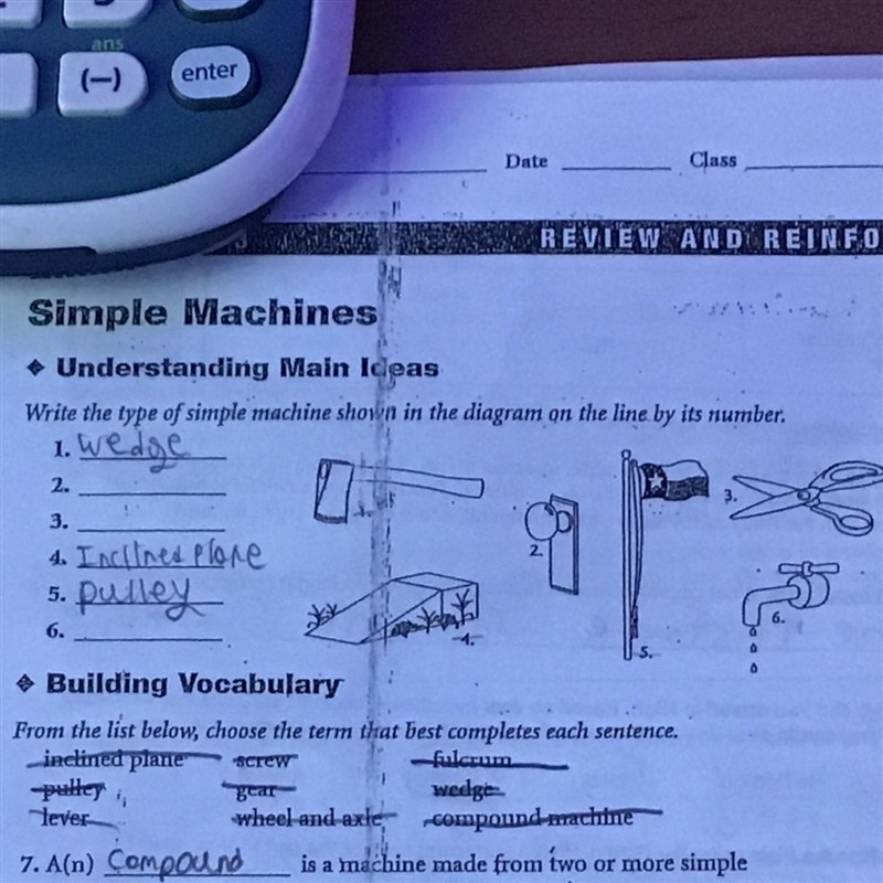 Write the type of simple machine shown in the diagram gn the line by its number. 1. Wedge-example-1