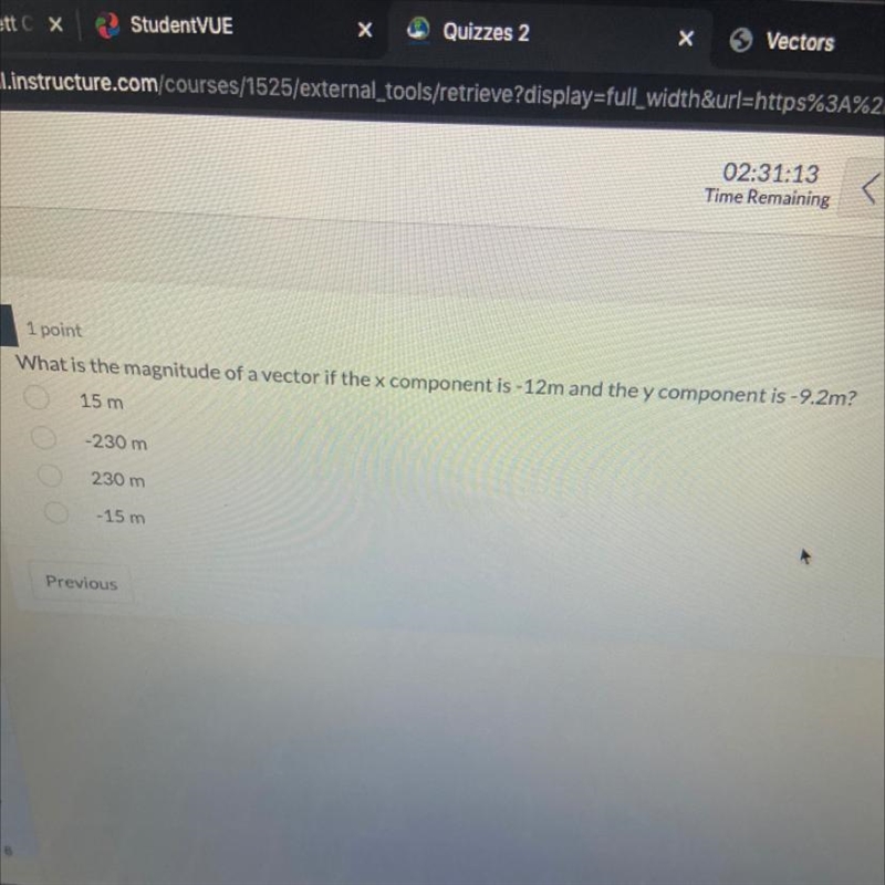 What is the magnitude of a vector if the x component is -12m and the y component is-example-1