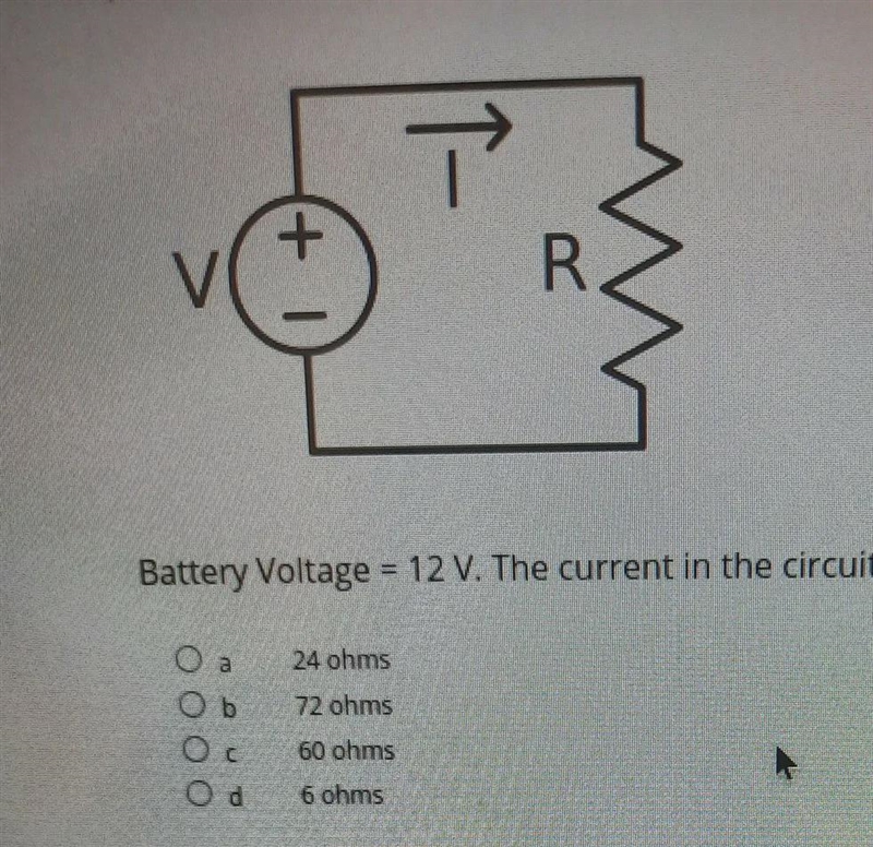 Battery voltage =12v. The current in the circuit is 0.5A. the resistance R must be-example-1