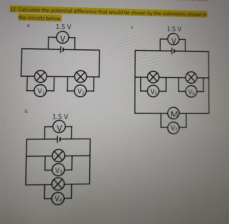 12. Calculate the potential difference that would be shown by the voltmeters shown-example-1