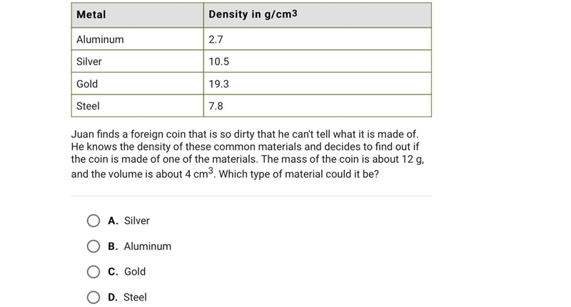 Juan finds a foreign coin that is so dirty that he can't tell what it is made of. He-example-1