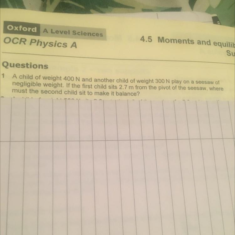 A child of weight 400N and another child of weight 300N play on a seesaw of negligible-example-1