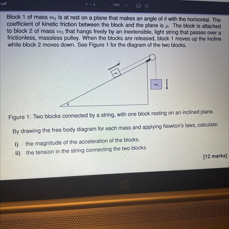 Block 1 of mass mi is at rest on a plane that makes an angle of 0 with the horizontal-example-1