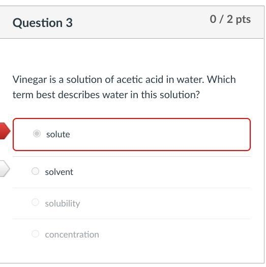 Vinegar is a solution of acetic acid in water. Which term best describes water in-example-1