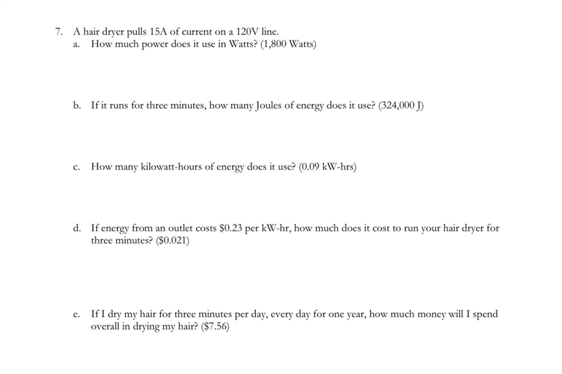 Physics - hair dryer problem - multiple partsKilowatts-hours, power, etc…-example-1