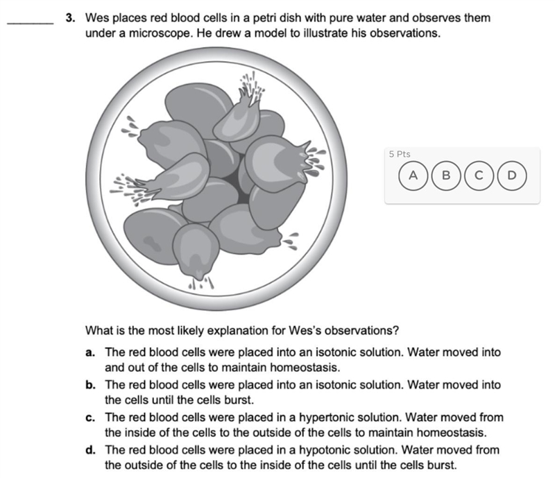 Wes places red blood cells in a petri dish with pure water and observes them under-example-1