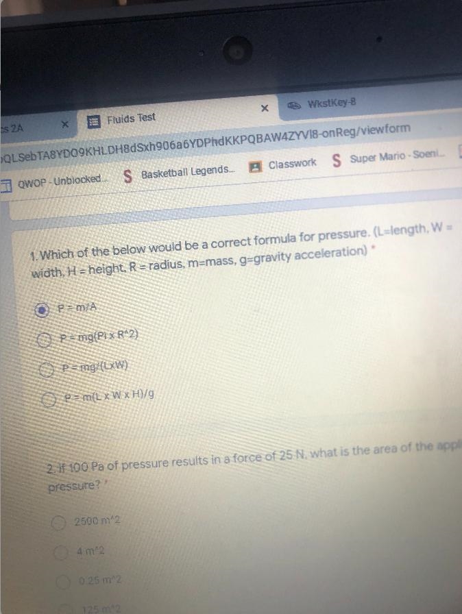 1. Which of the below would be a correct formula for pressure. (L=length, W =width-example-1