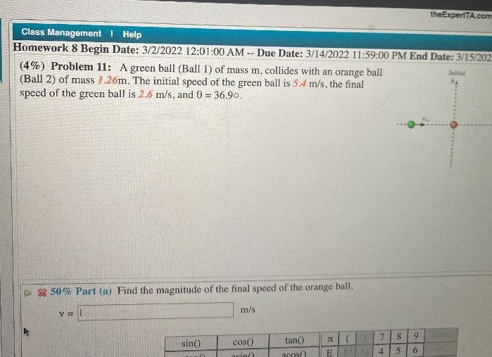 A green ball (ball 1) of mass M collides with an orange ball (ball 2) of mass 1.26. the-example-1