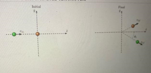 A green ball (ball 1) of mass M collides with an orange ball (ball 2) of mass 1.26. the-example-2