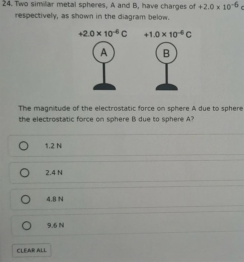 2 similar metal spheres, A and B, have charges of +2.0×10^-6 coulomb and +1.0×10^-6 coupons-example-1