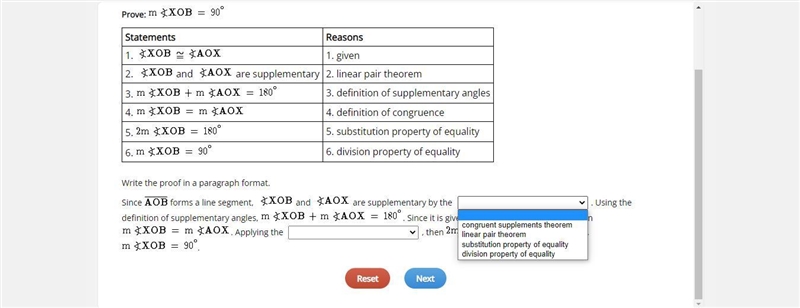 Write the proof in a paragraph format.Since forms a line segment, and are supplementary-example-1