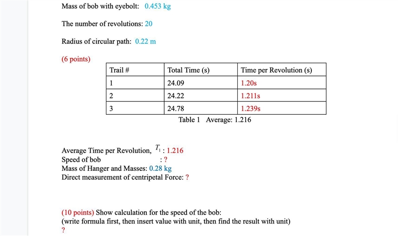 1) Speed of bob?2)Direct measurement of centripetal Force: ?3)Show calculation for-example-1