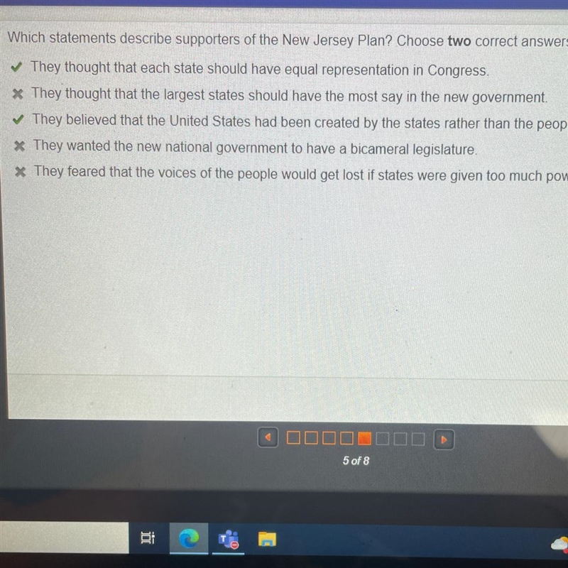 Which statements describe supporters of the New Jersey Plan? Choose two correct answers-example-1