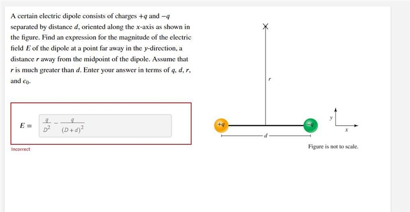 A certain electric dipole consists of charges + and − separated by distance , oriented-example-1