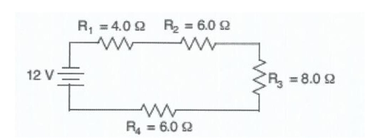 The circuit diagram below represents four resistors connected to a 12-volt potential-example-1