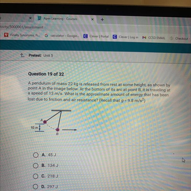 Question 19 of 32A pendulum of mass 22 kg is released from rest at some height, as-example-1